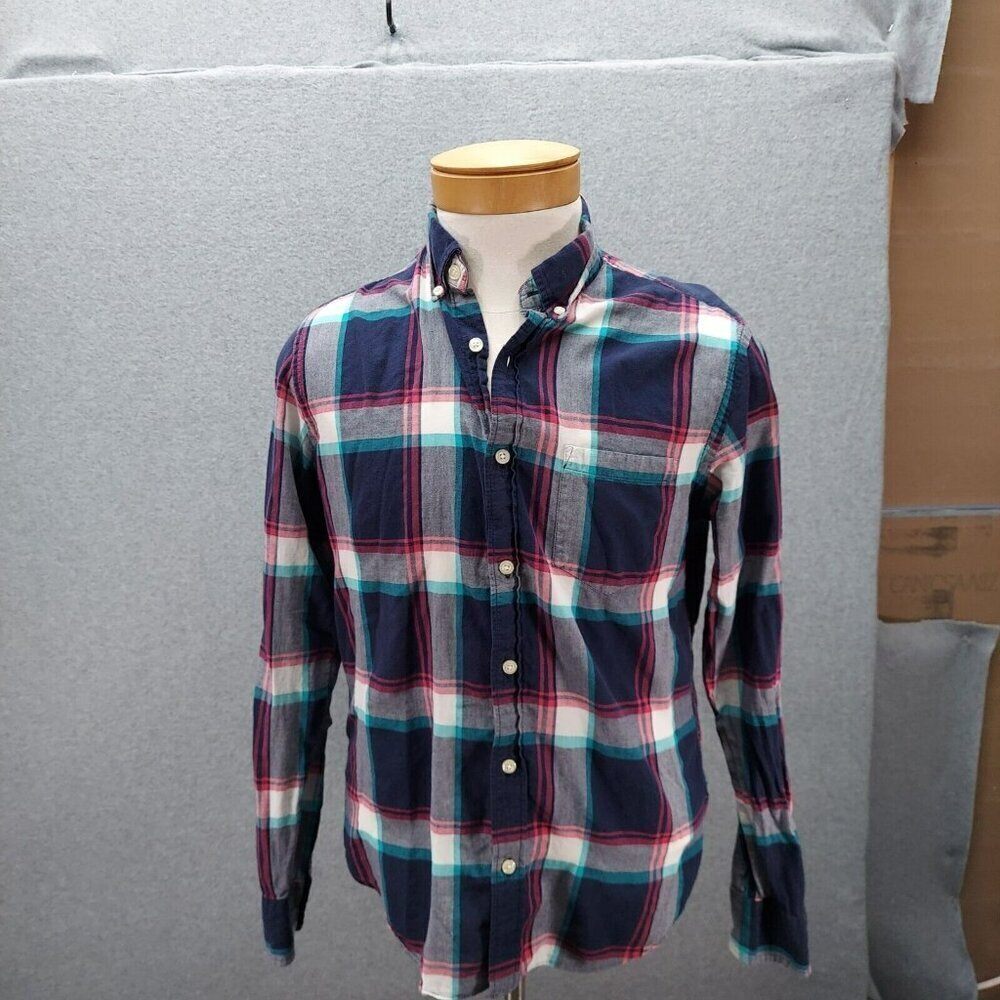 J Crew Mens Size Medium Blue White Red Plaid Flannel Shirt Slim Fit Casual